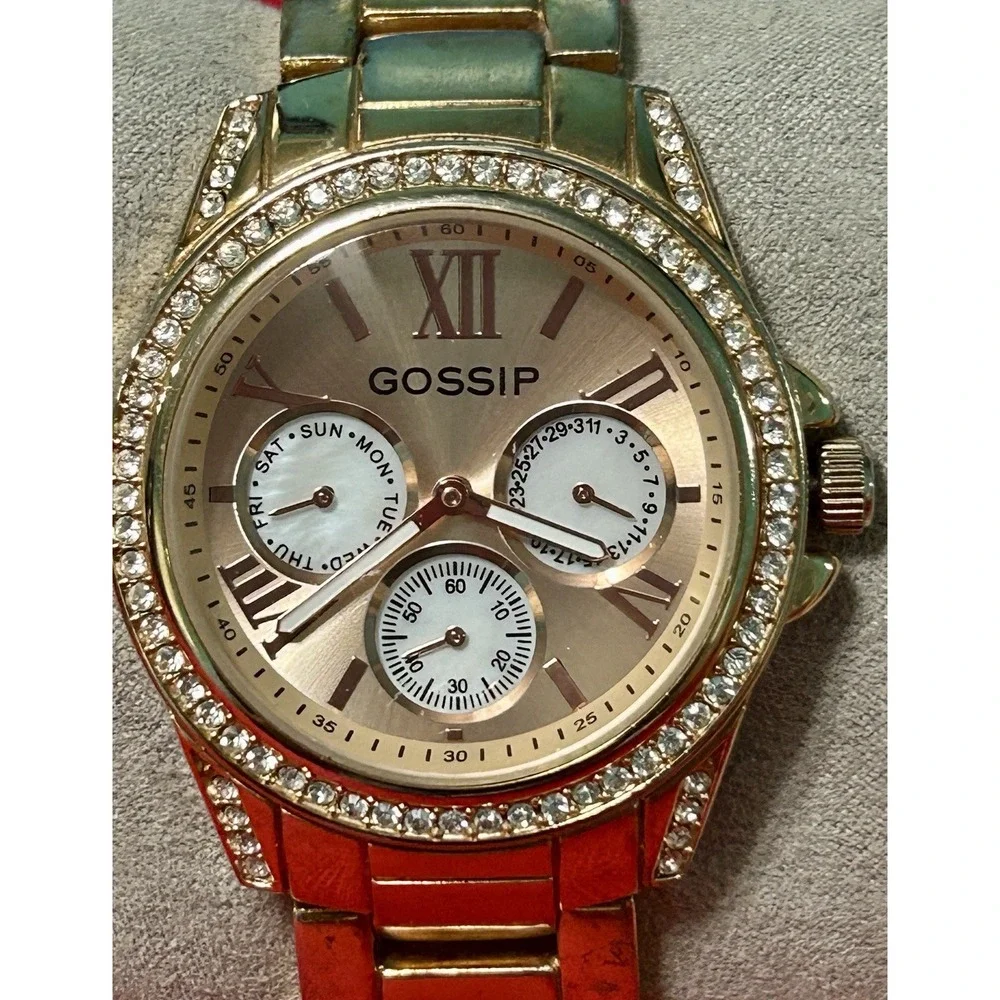 Gossip Day Date Crystal Accent Rose Gold Tone Watch New Battery